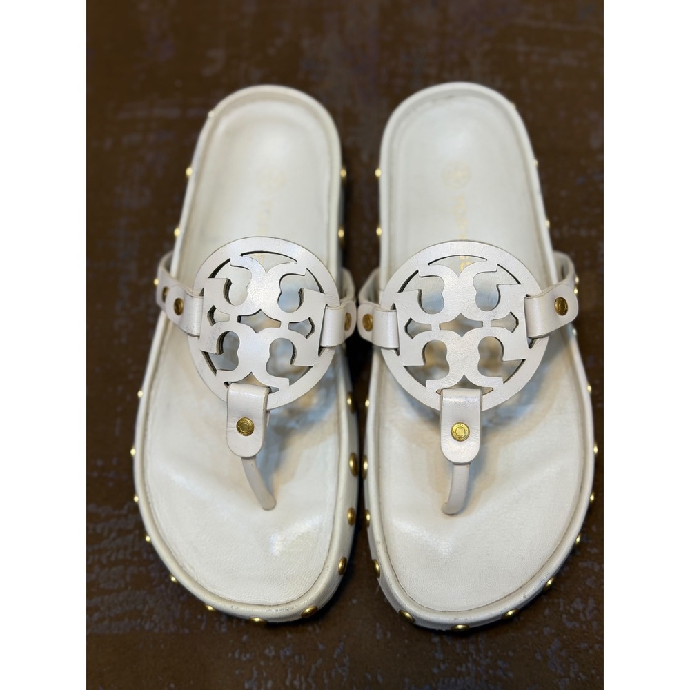 Tory Burch Miller Studded Cloud Sandals White Leather Gold Studs Size 6.5